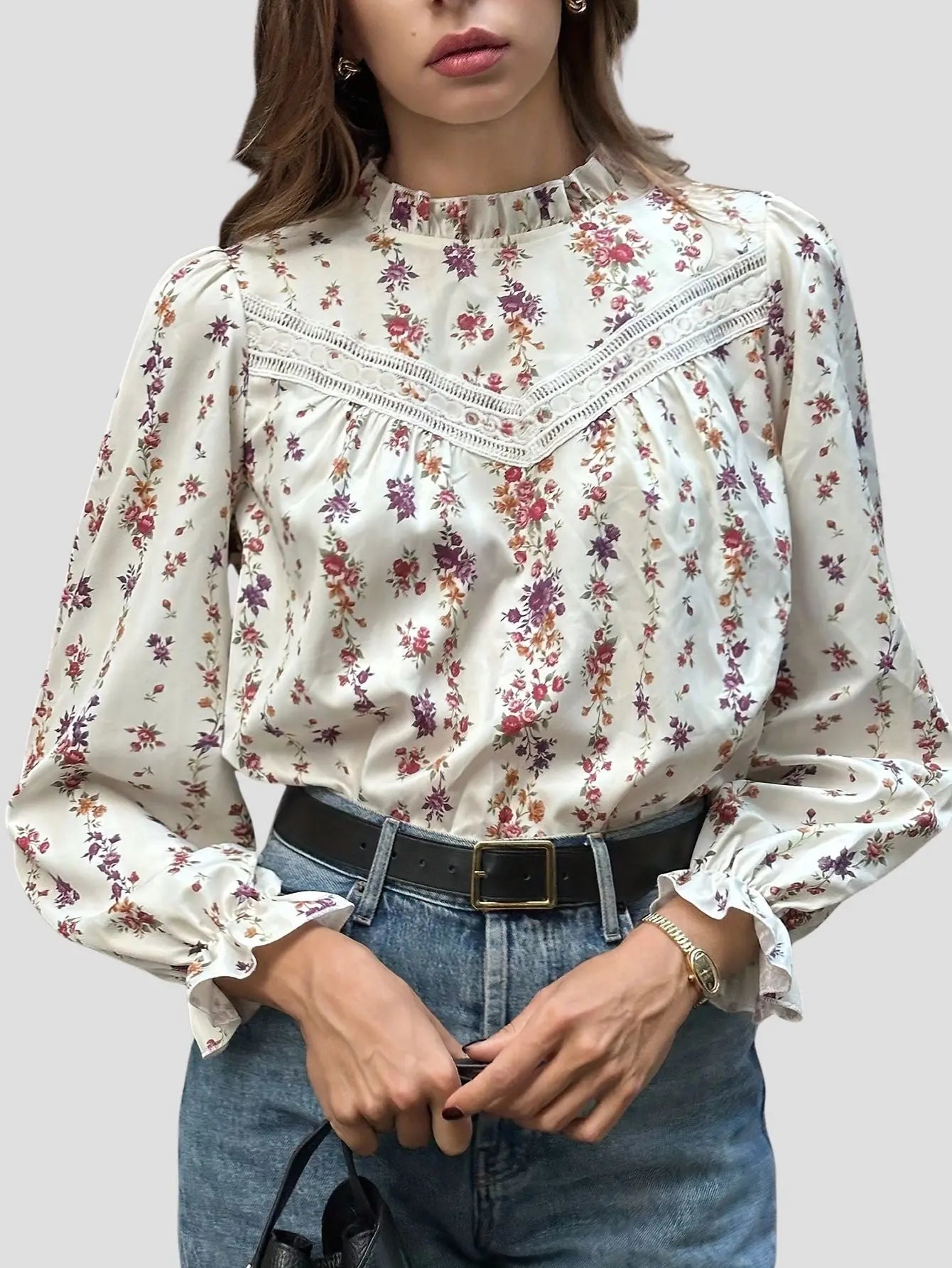 Floral Lace Sleeve Blouse High Neck Kerinna