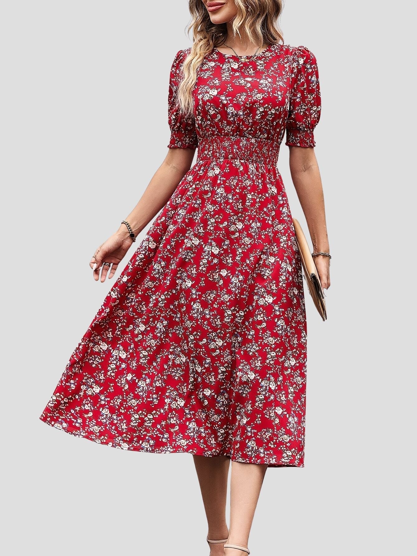Floral Print A Line Midi Dress Kerinna