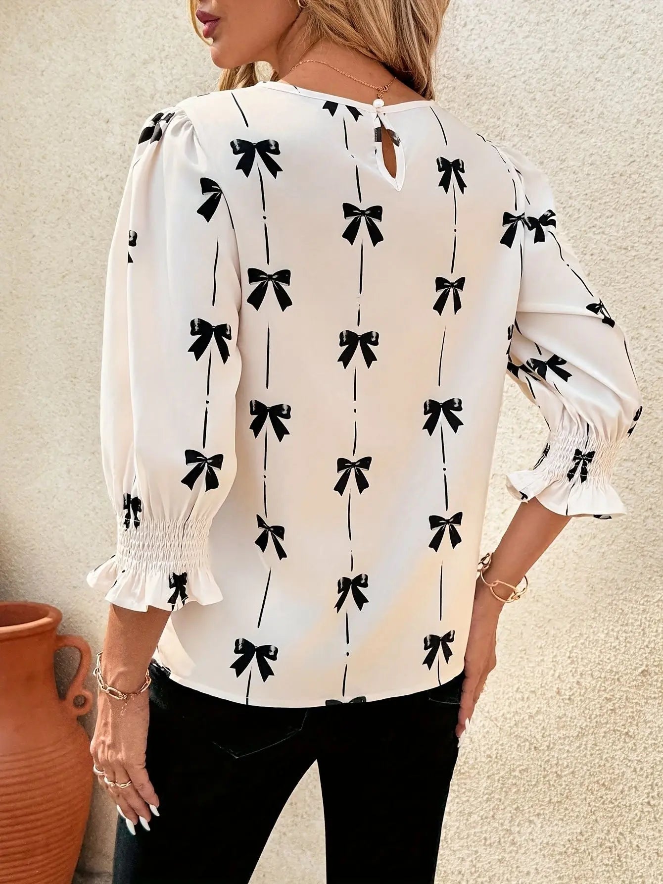 Bow Print Blouse with Three Quarter Sleeve Kerinna