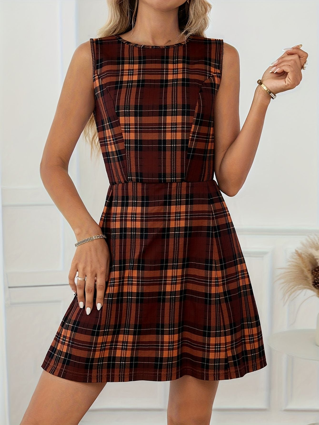 Tartan Plaid Mini Dress Sleeveless Kerinna