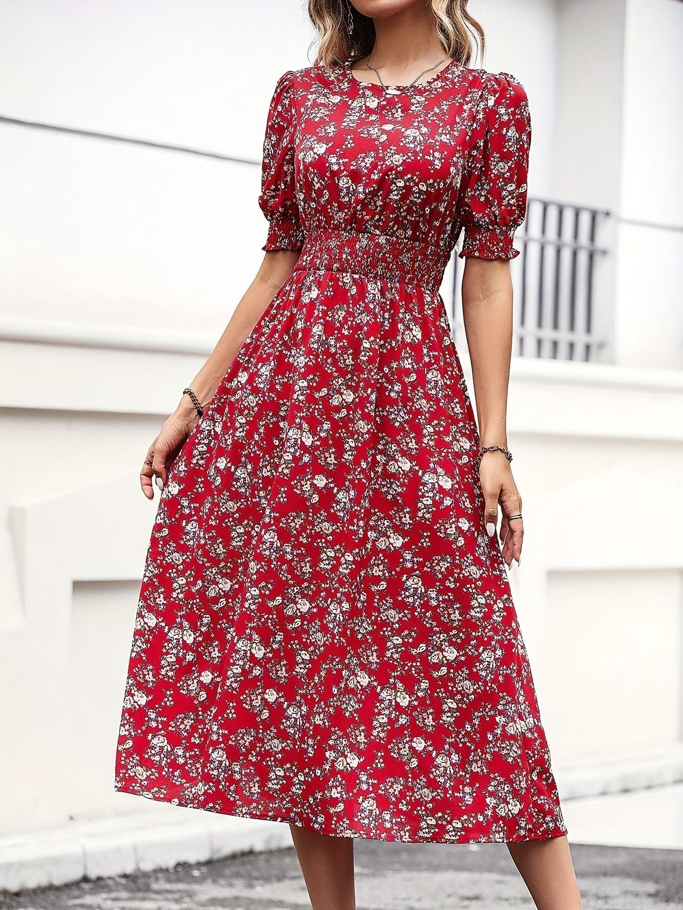 Floral Print A Line Midi Dress Kerinna