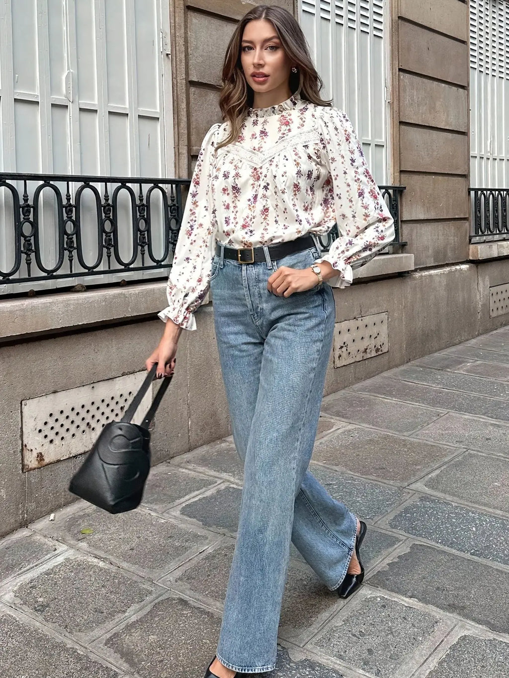 Floral Lace Sleeve Blouse High Neck Kerinna