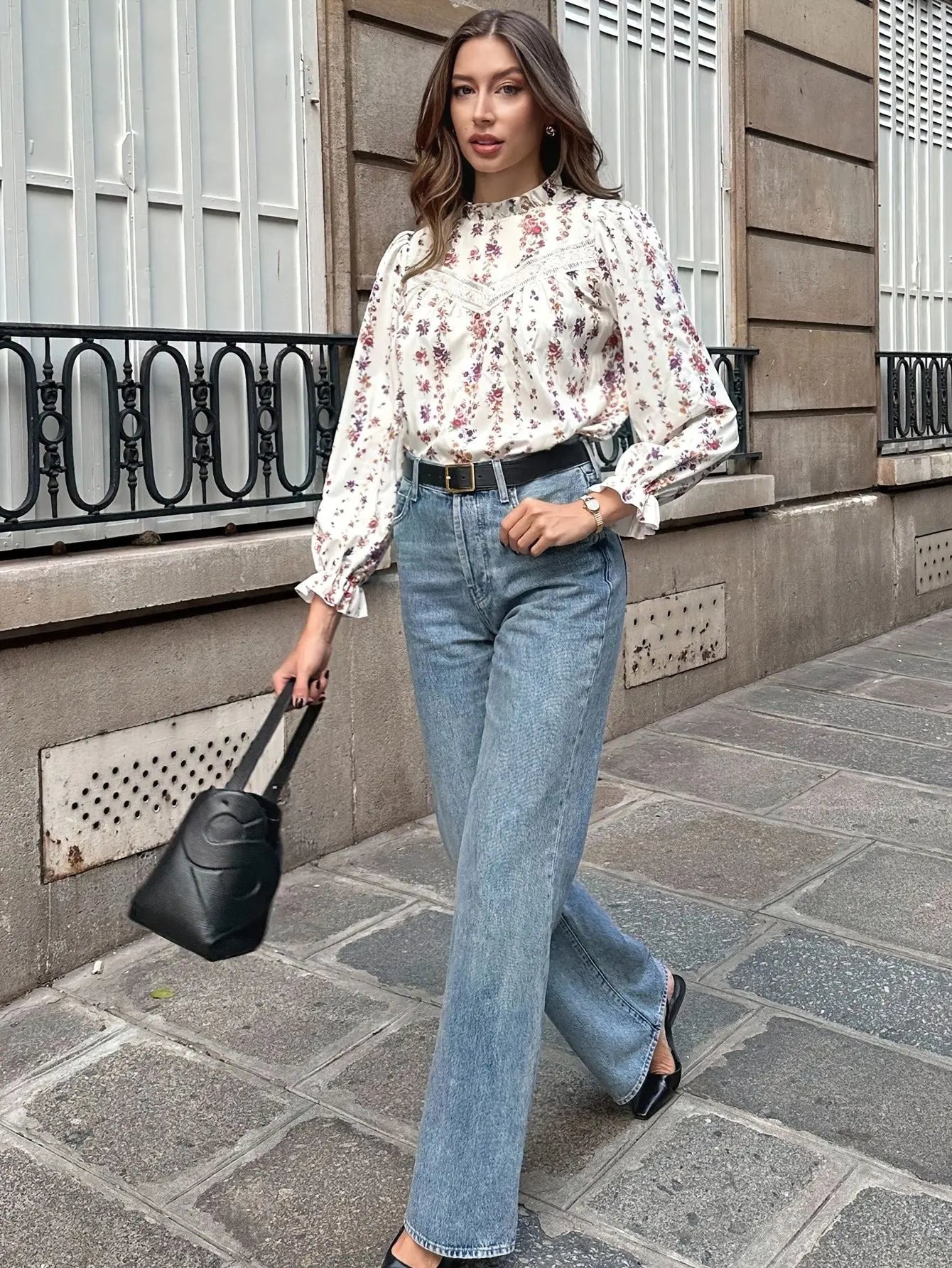 Floral Lace Sleeve Blouse High Neck Kerinna