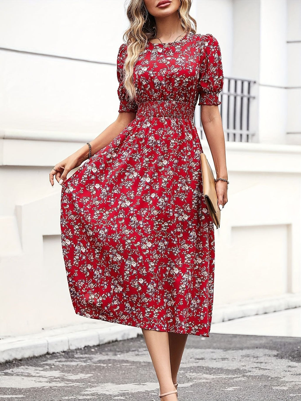 Floral Print A Line Midi Dress Kerinna