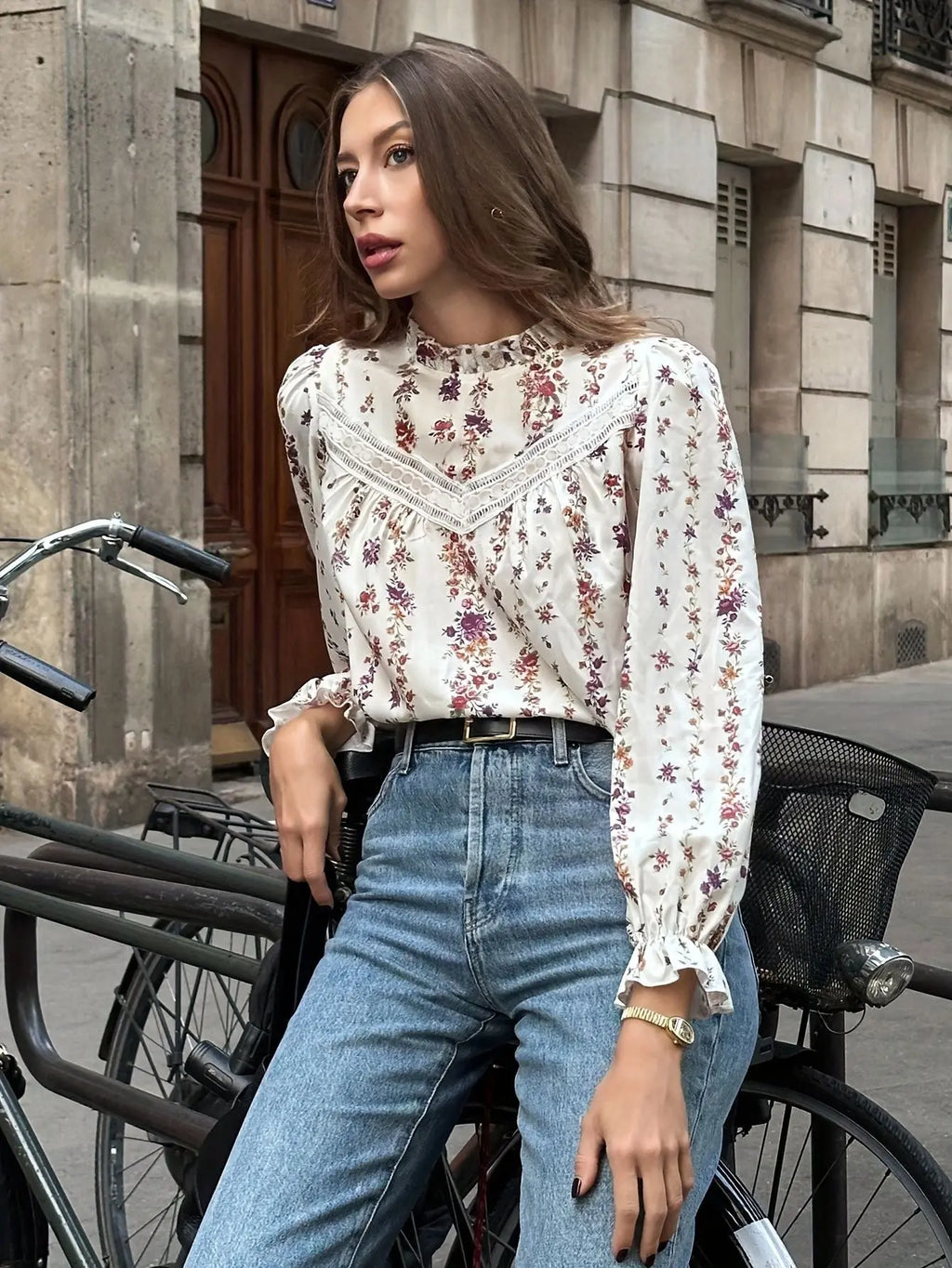 Floral Lace Sleeve Blouse High Neck Kerinna