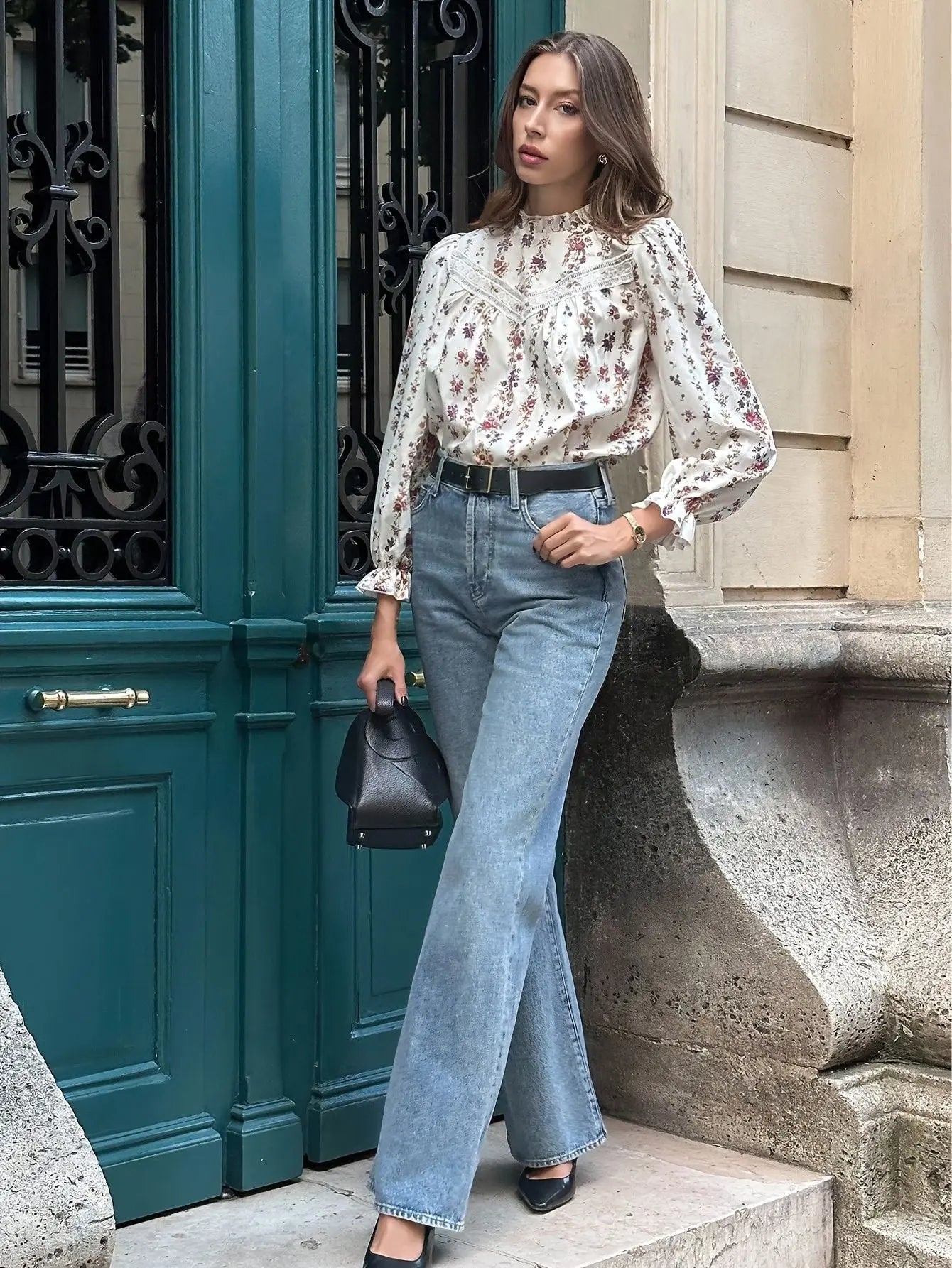 Floral Lace Sleeve Blouse High Neck Kerinna